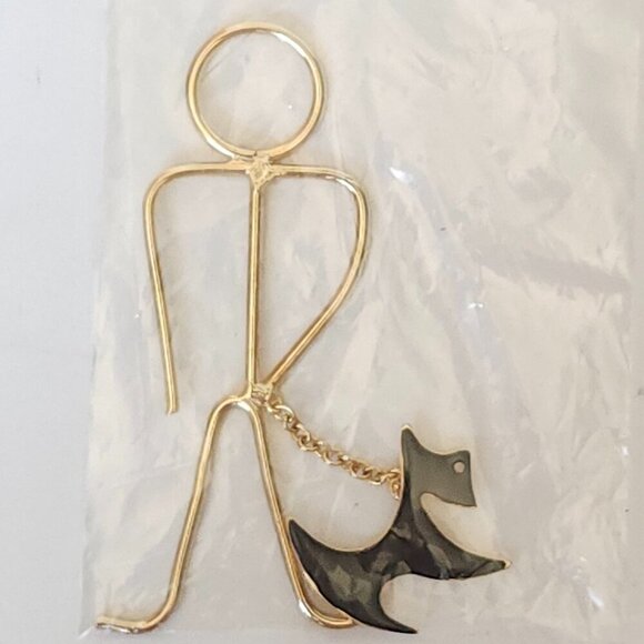 UNIQUE METAL Stick Figure Art Man Walking Scottie Dog Gold Tone - Picture 1 of 2
